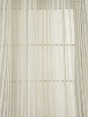 Sheer white striped curtains in airy voile fabric with vertical beige stripes for sunlit windows.