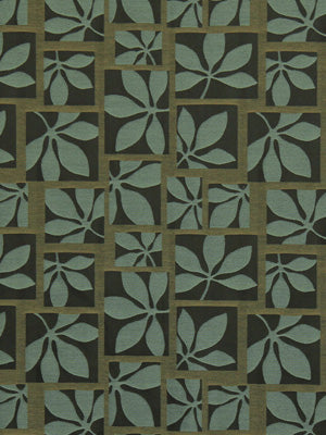 Teal leaf silhouettes arranged in an olive-brown square grid; repeating geometric botanical pattern on fabric.