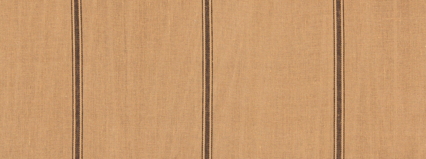 Beige textured fabric with narrow dark brown vertical stripes; linen-like weave, upholstery/table textile.