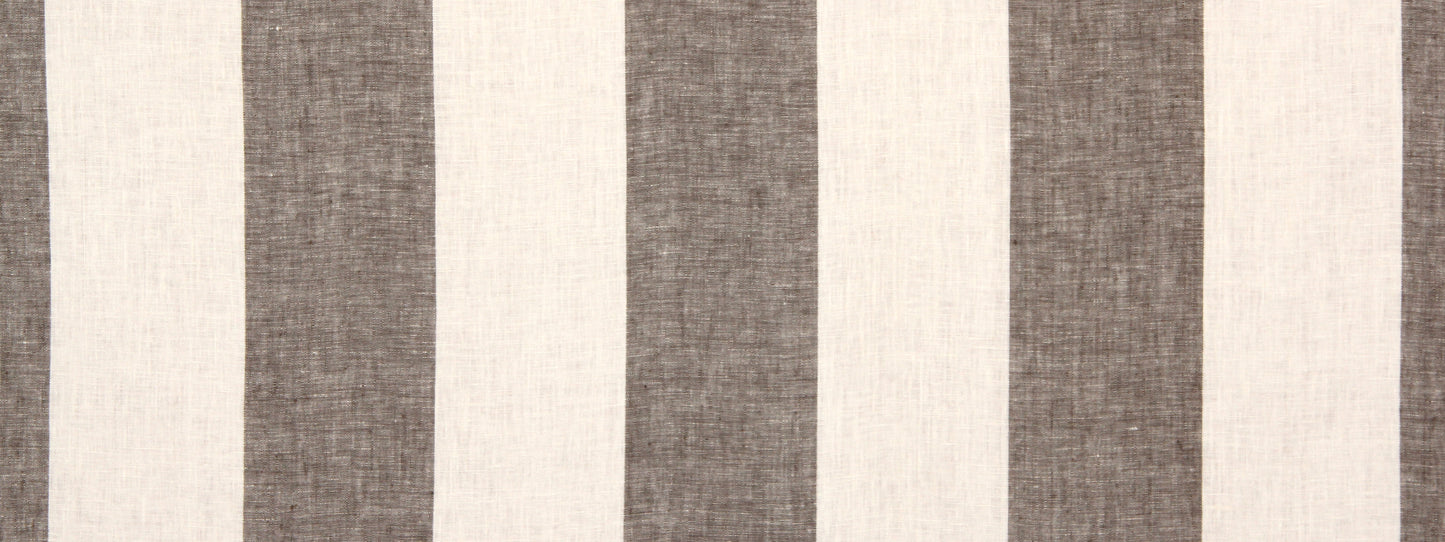 Beige and brown vertical striped linen-like fabric with bold alternating stripes.