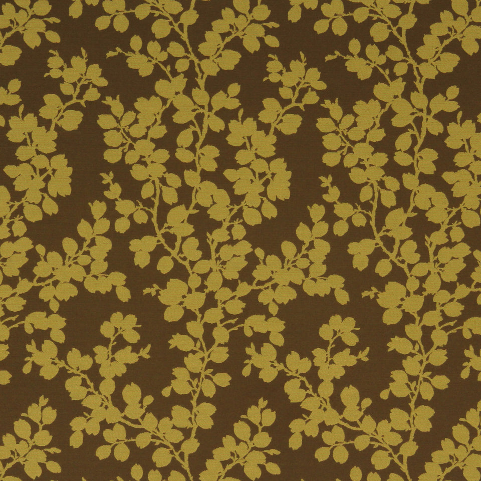 Brown fabric with mustard-yellow botanical leaf damask pattern, repeating vine clusters.