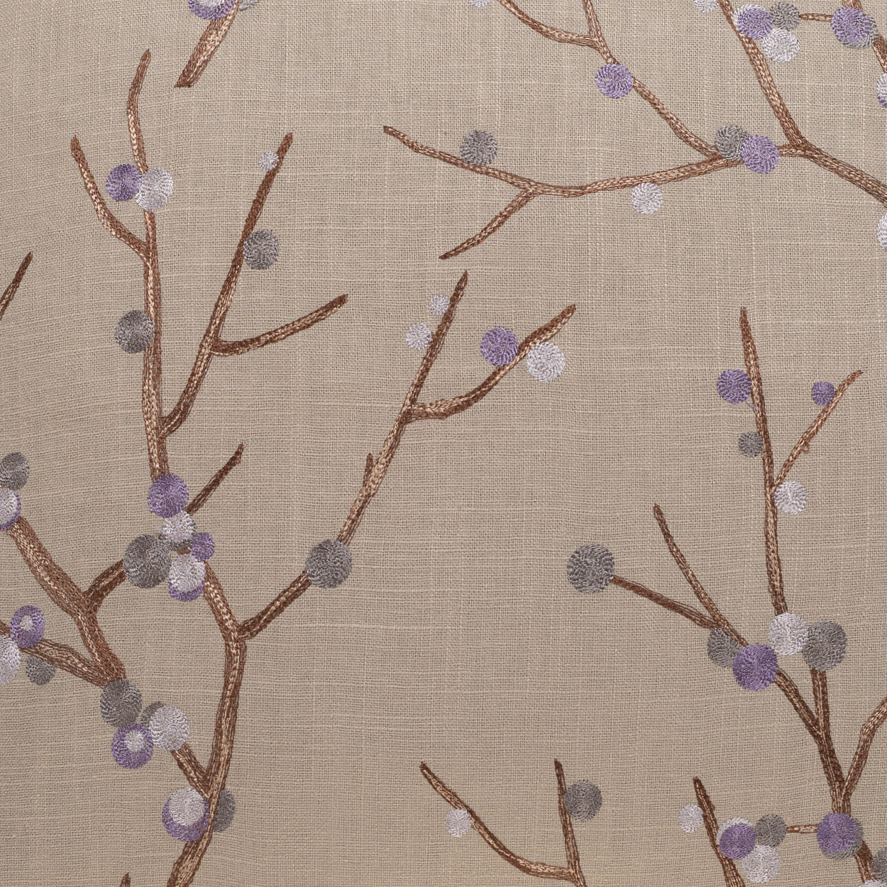 Beige linen pillow cover with brown embroidered branches and small purple and gray berries; 24" x 24