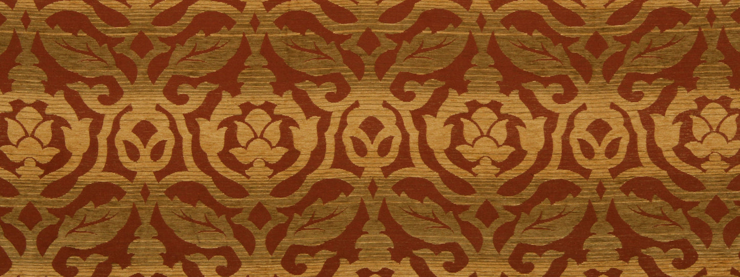 Gold and brown damask fabric pattern with scrolling floral motifs, ornate upholstery style.