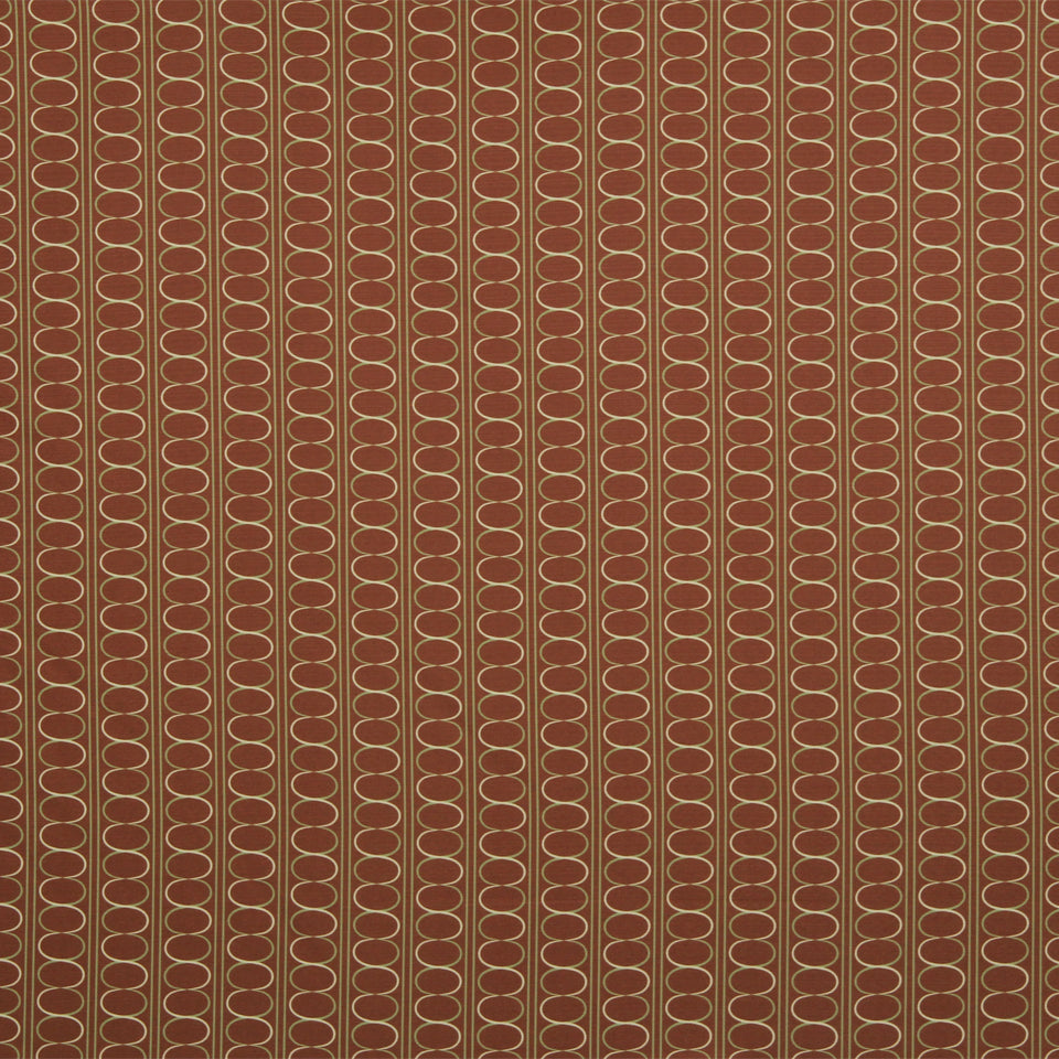 Brown fabric with vertical columns of cream linked circles forming a chain-like pattern.