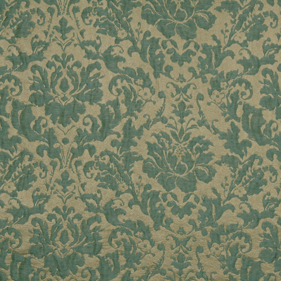 Dark aqua damask-pattern drapery fabric with ornate floral motifs on a beige linen-like background.