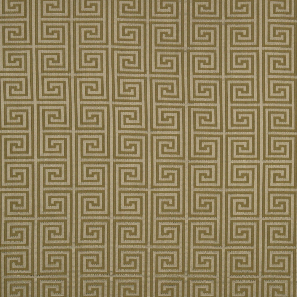 Olive-green fabric with a gold Greek key (meander) geometric pattern, repeating upholstery texture.