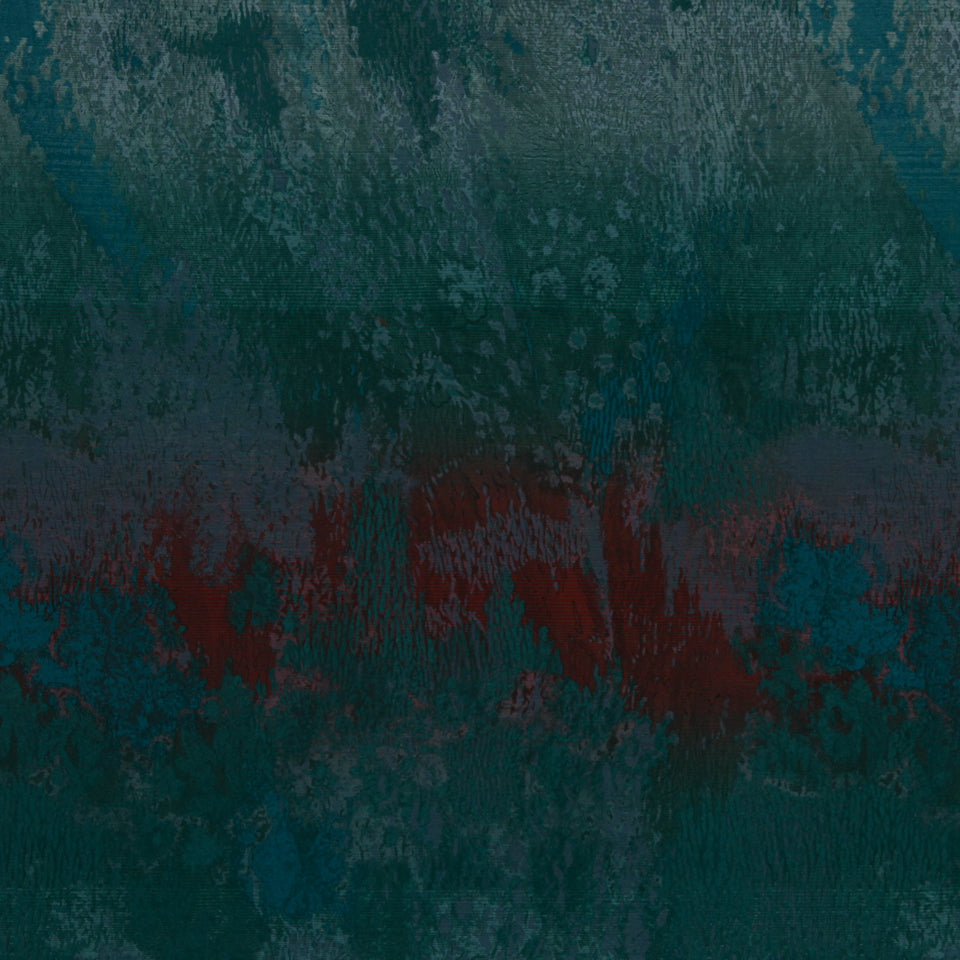 Abstract teal and emerald drapery fabric with a textured surface in dark blue-green tones and rusty red accents.