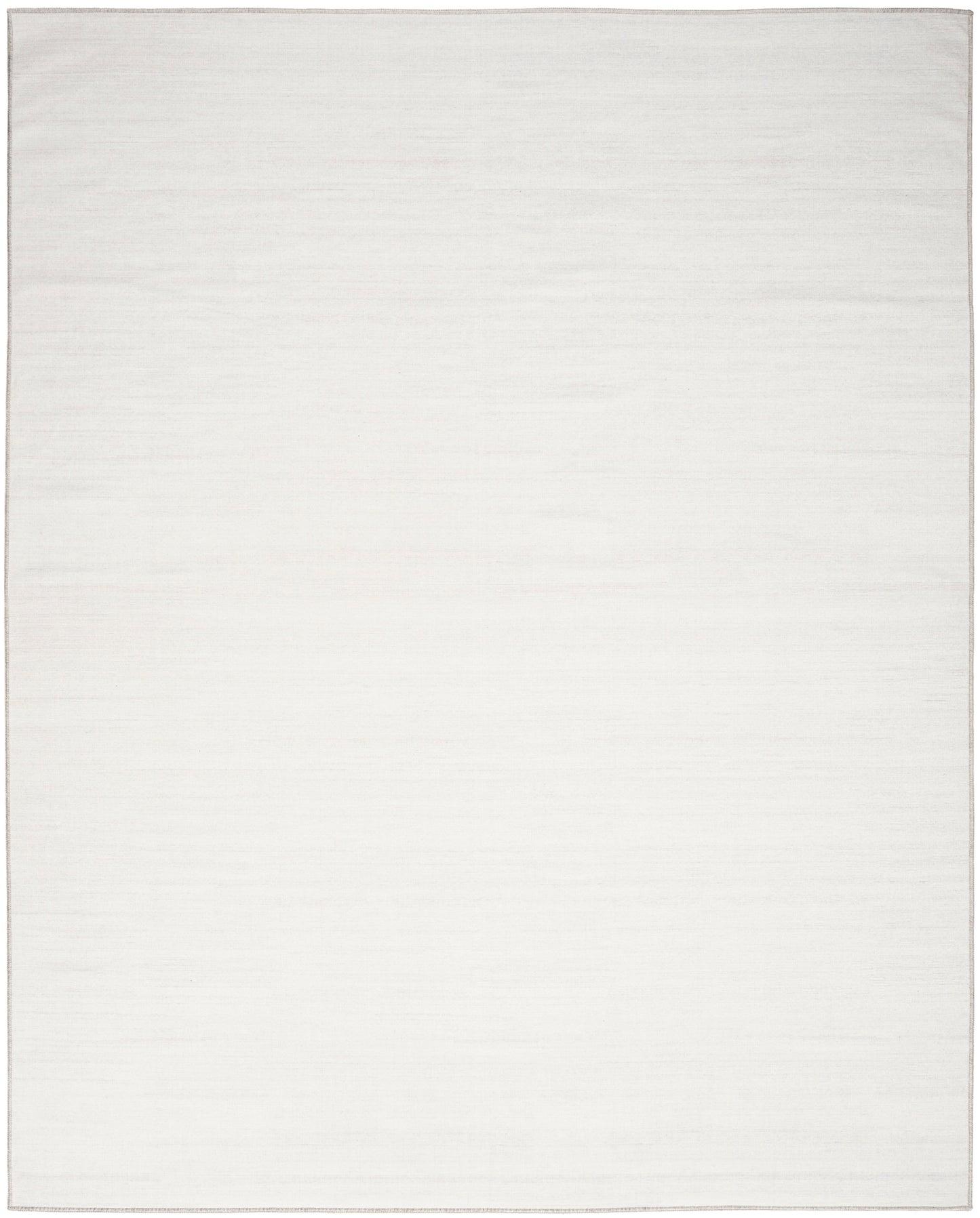 White textured textile rug with subtle weave and narrow border; rectangular.