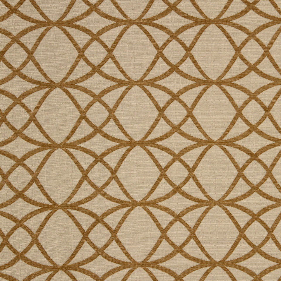 Beige linen-texture fabric with a tan interlocking circular lattice pattern; retro geometric upholstery fabric.