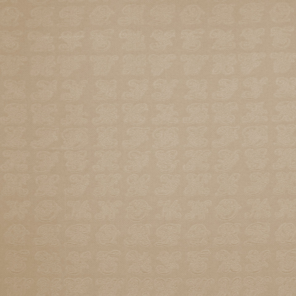 Beige textured linen fabric with a faint, repeating damask pattern; soft neutral color.