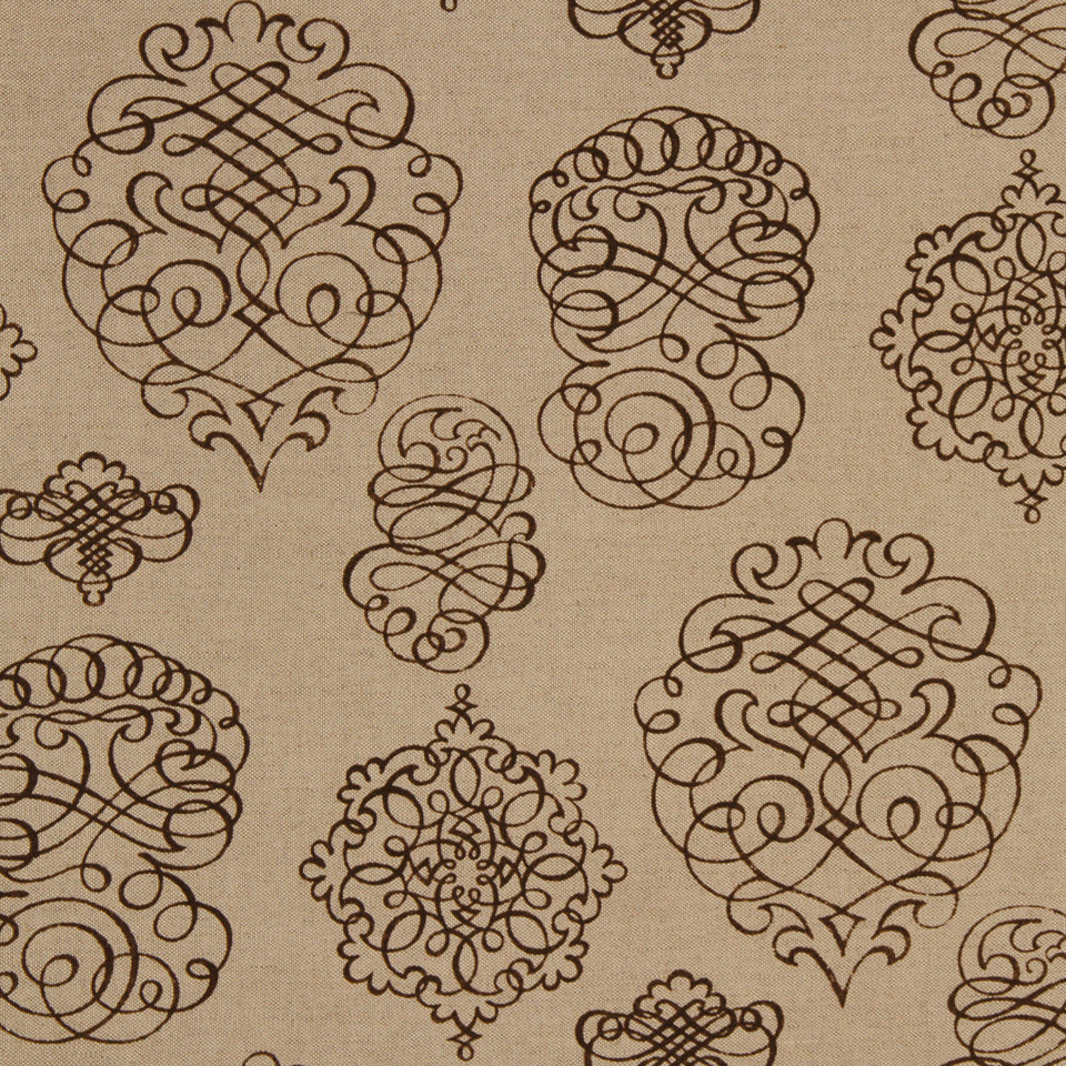 Beige fabric with repeating dark brown geometric motifs.