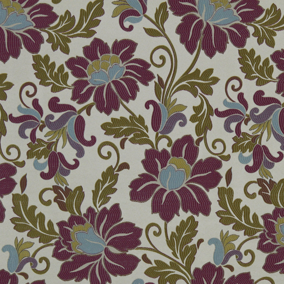 Ornate floral fabric pattern with burgundy flowers, light blue centers, olive-green leaves on beige background.