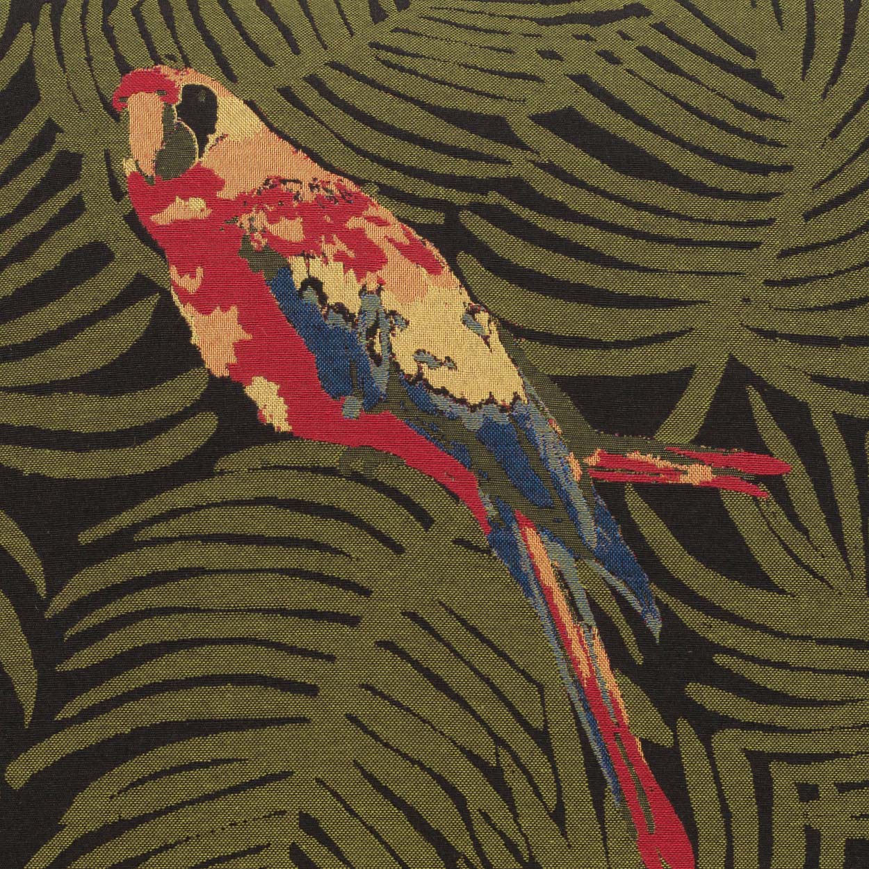 Fabric with a vibrant parrot print on olive palm-leaf pattern; red, yellow and blue parrot on dark green.