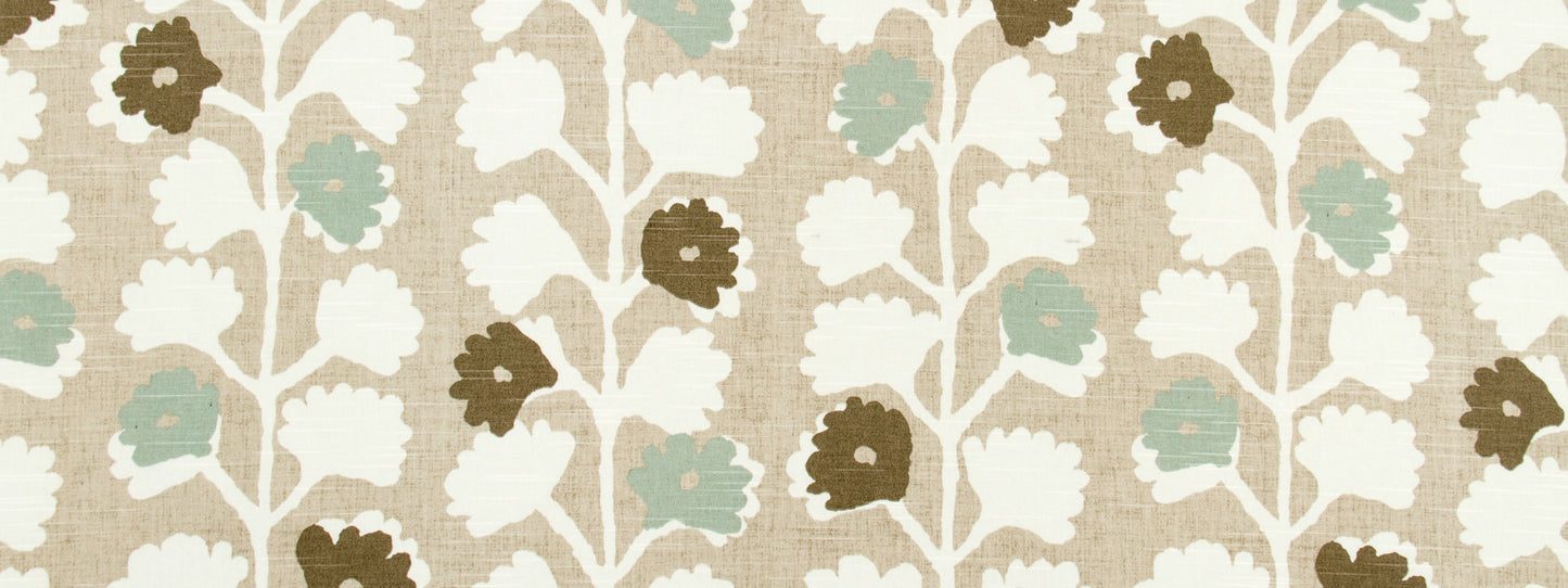Beige damask floral pattern with white leaves and teal and brown blossoms on twisting vines; fabric/wallpaper style.