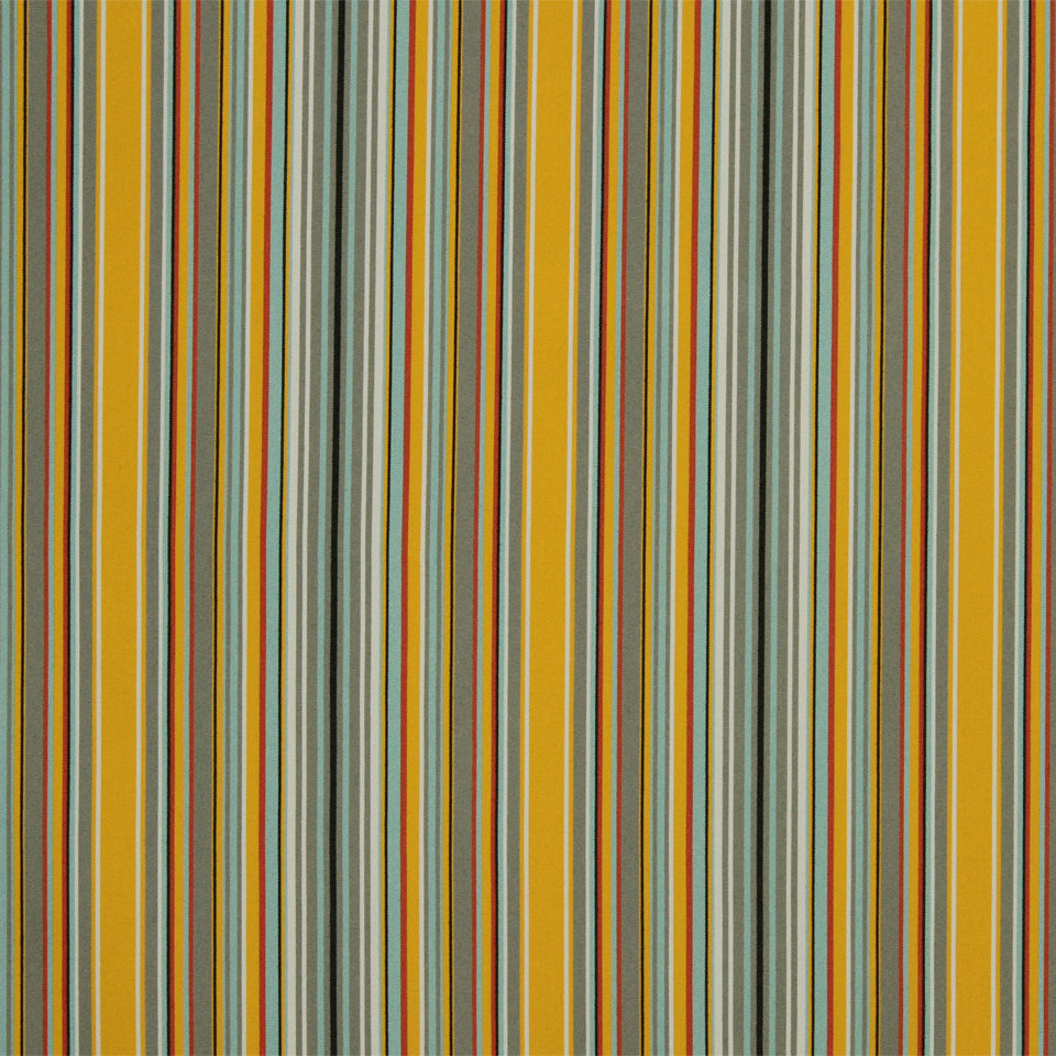Vertical striped upholstery fabric in yellow, orange, gray, teal and blue.