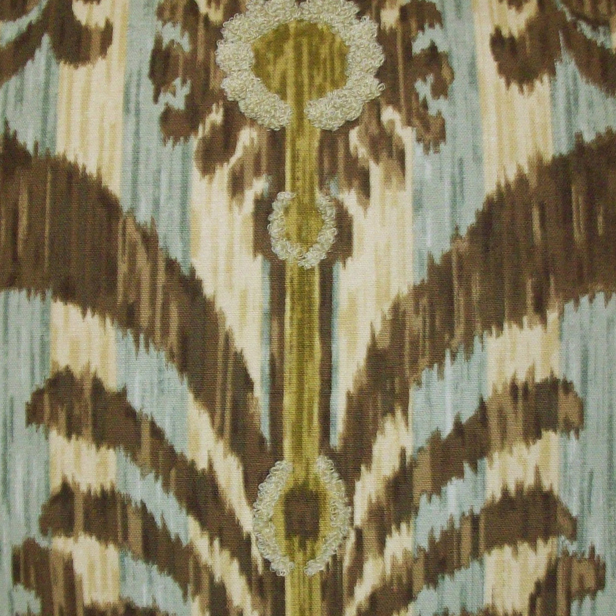 Damask upholstery fabric in teal and gold with vertical ornate medallions and floral motifs.