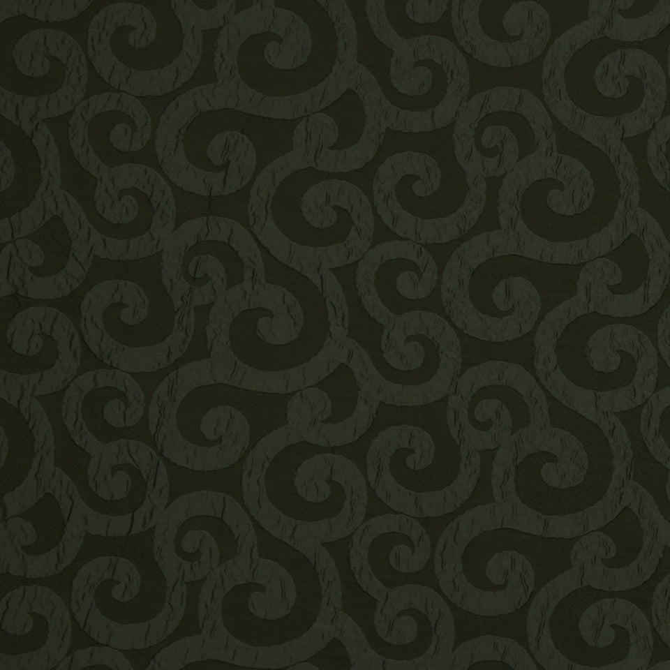 Dark pewter upholstery fabric with a repeating scroll damask pattern and subtle distressed texture.
