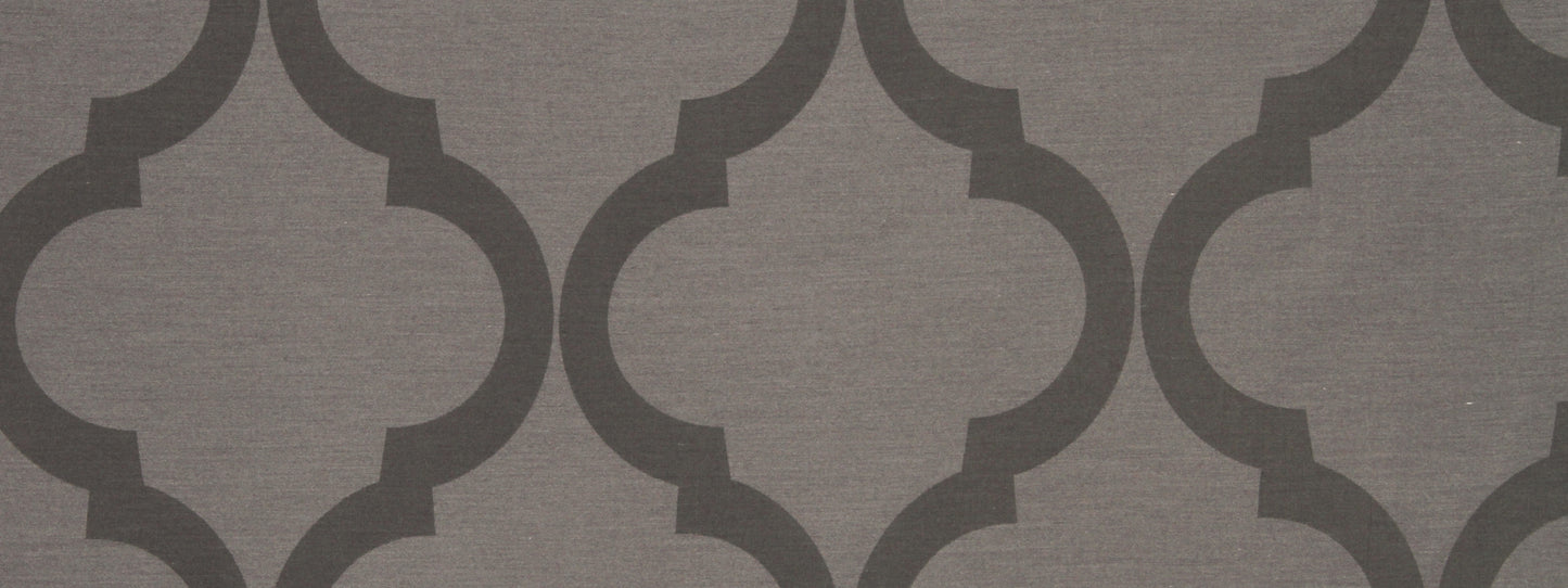 Grey patterned wallpaper with repeating interlocking quatrefoil motifs in dark charcoal on light taupe