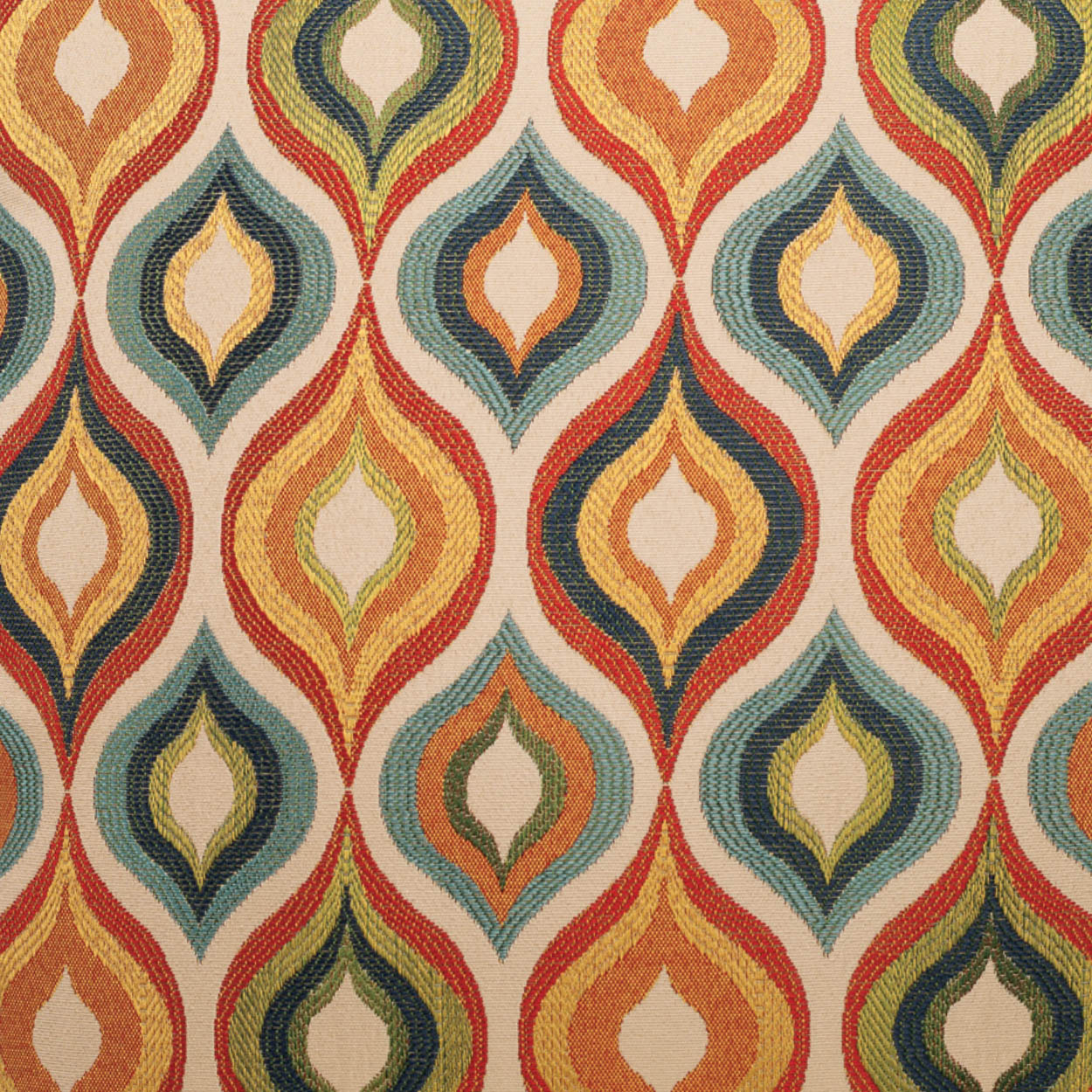 Pillow with a vibrant ikat-style teardrop-diamond pattern in red, orange, yellow, teal & navy on beige.