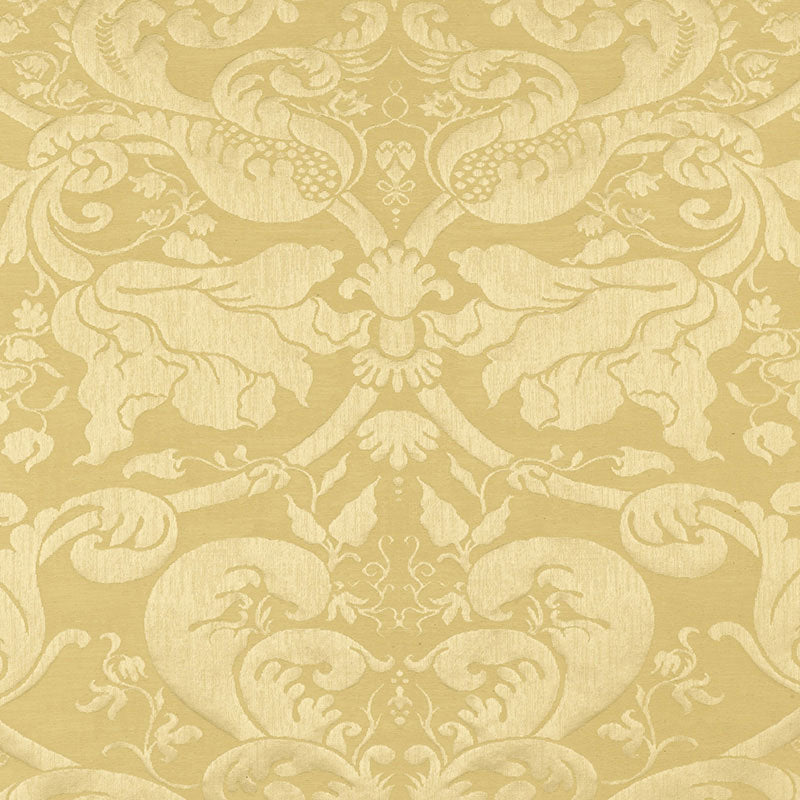 Gold-beige damask brocatelle woven fabric with pale cream scrolling floral motif; luxurious vintage decor.