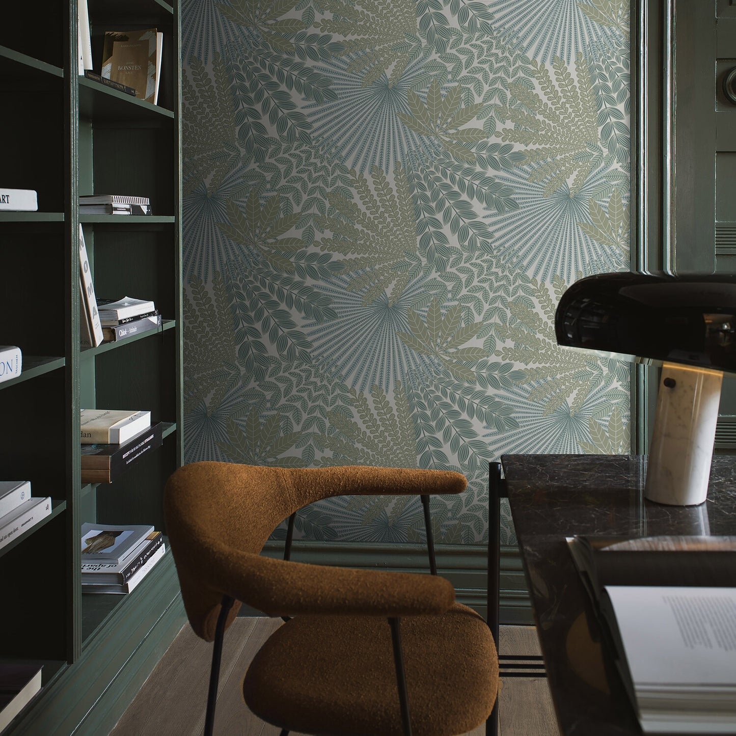 Ivory and sage wallpaper with a botanical leaf pattern.