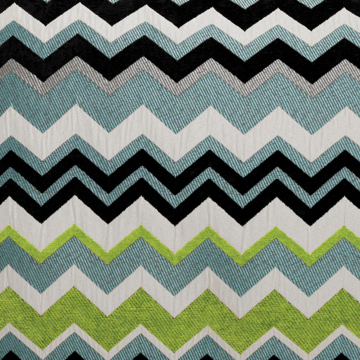 Chevron zigzag fabric in black, white, sky blue, gray and lime green; textured woven textile for decor or upholstery.
