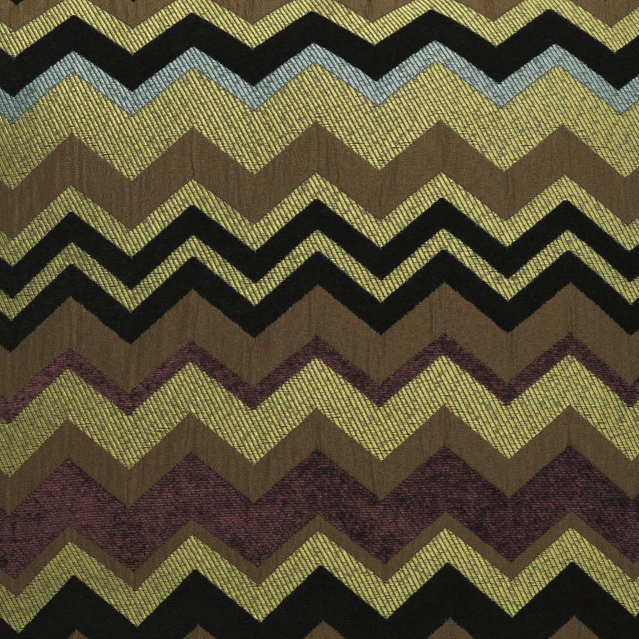 Chevron zigzag patterned pillow; woven texture in plum, brown, olive, mustard, black and gray hues.