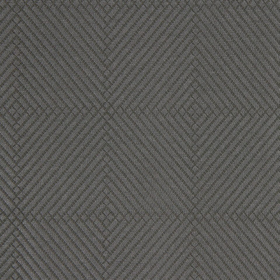 Gray geometric textured fabric with diamond motif, ideal for upholstery or drapery.