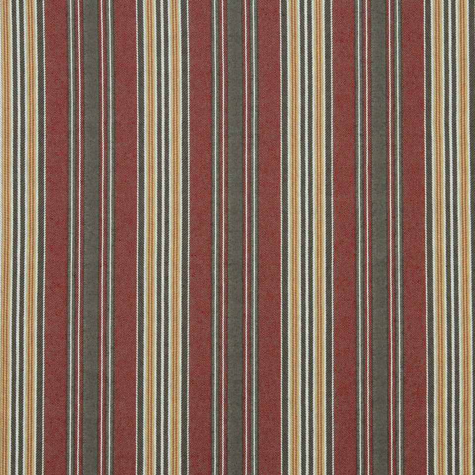 Vertical striped textile pattern in burgundy with cream, tan and charcoal stripes; upholstery fabric style.