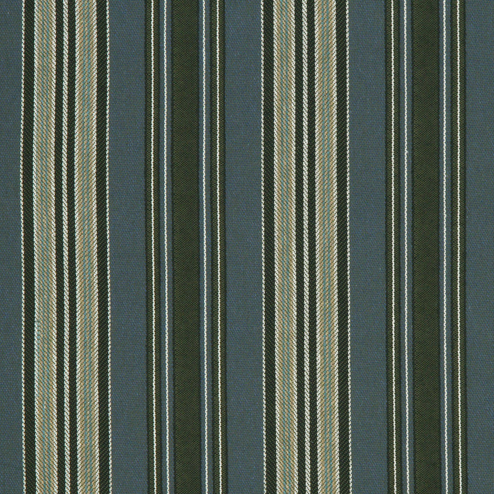 Navy blue woven denim upholstery fabric with vertical beige and white stripes; classic stripe pattern.