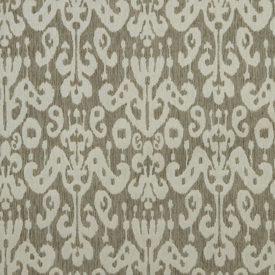 Taupe linen upholstery fabric with ivory damask pattern and ornate floral motifs.