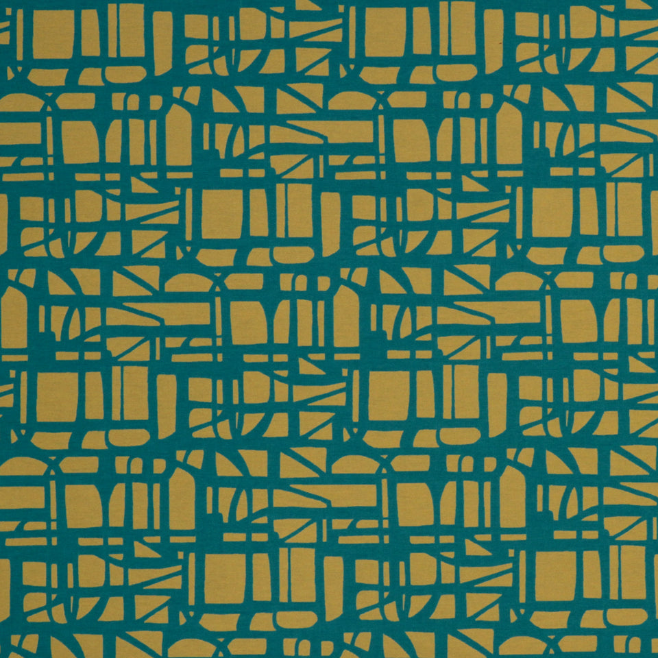 Turquoise gridded maze pattern on upholstery fabric; geometric retro design.