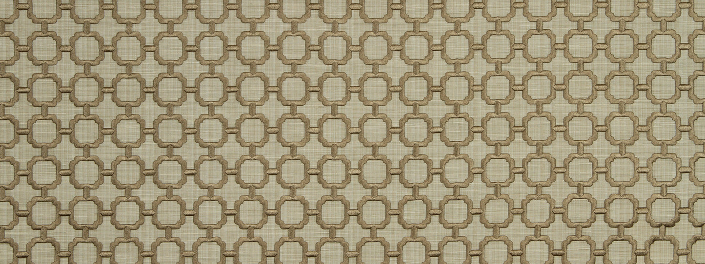Beige wallpaper with tan interlocking circles & squares geometric lattice pattern