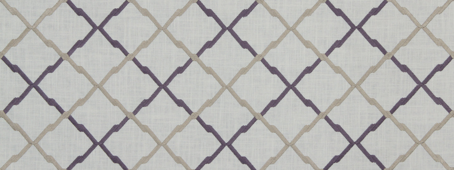 Purple and beige crisscross lattice pattern with diamond shapes on a light background; decorative fabric.