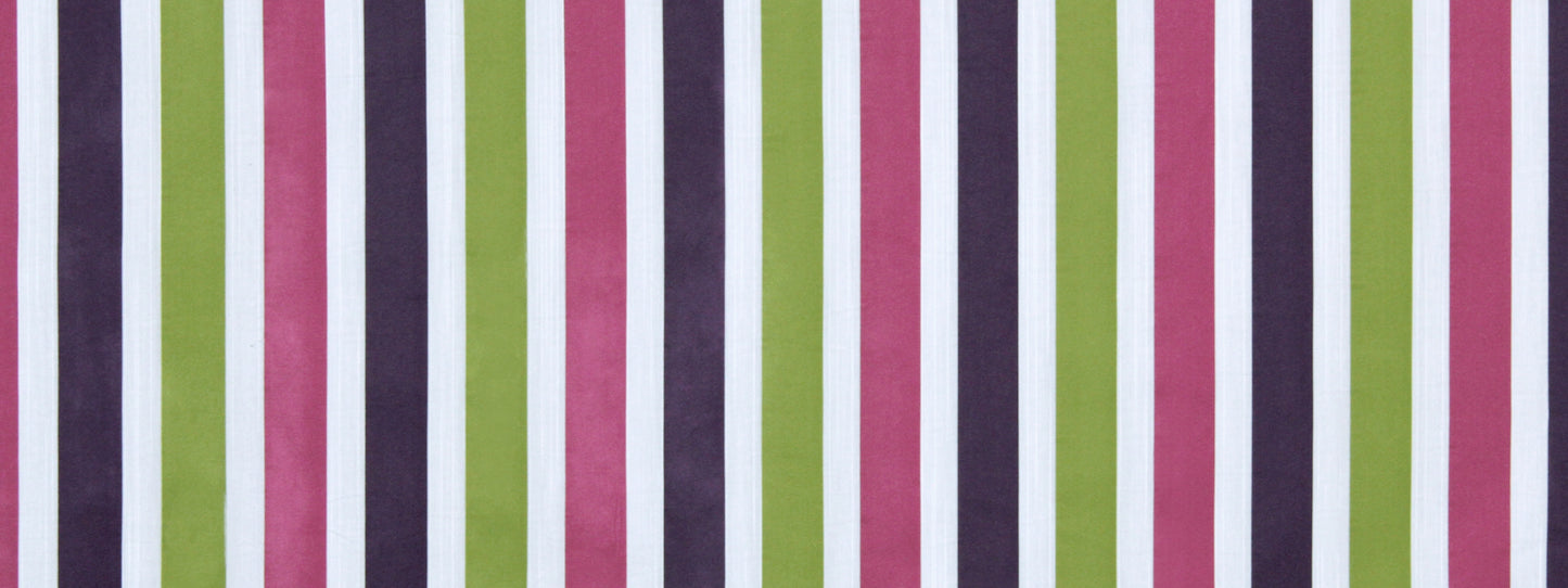 Vertical multicolor stripe pattern in pink, magenta, lime green and navy on fuchsia upholstery fabric; bold, modern stripe design.
