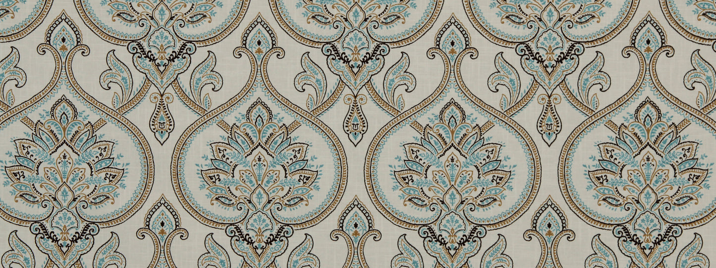 Teal and beige damask wallpaper with ornate floral medallions and scrolling motifs.