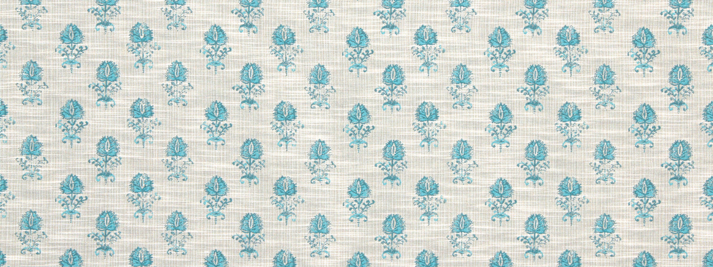 Turquoise textured upholstery fabric with a repeating light blue rose floral print, vintage cottage style.
