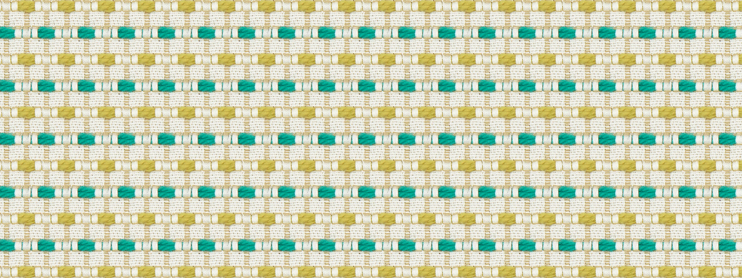 Beige woven upholstery fabric with turquoise dotted stripes; teal and aqua tones.