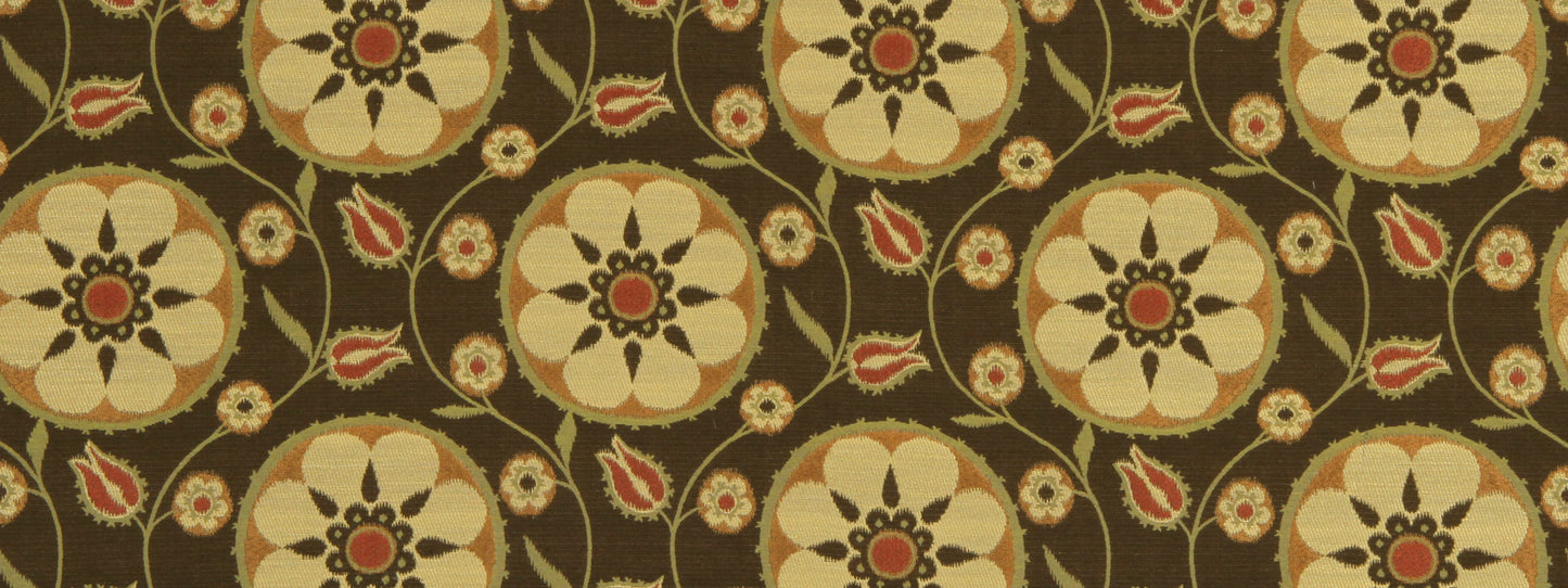 Brown fabric with a vintage cream circular floral pattern, red centers, beige petals and scrolling leaves.