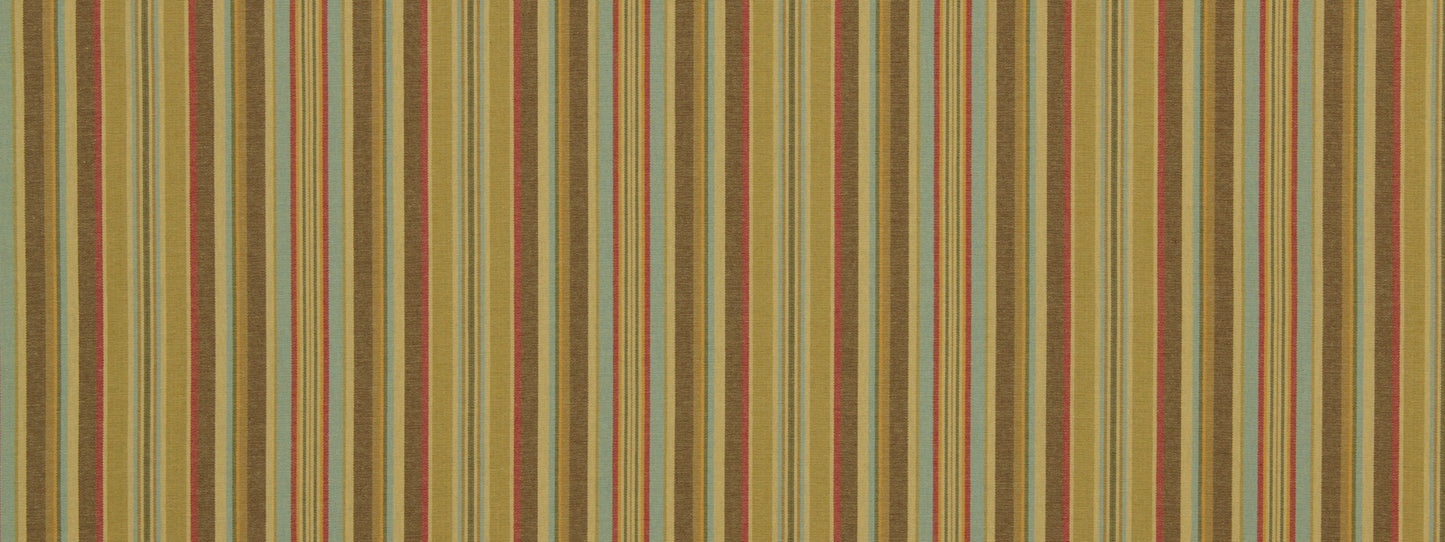 Bold striped fabric with mustard-yellow base & multicolored vertical stripes in green, blue, red & brown.