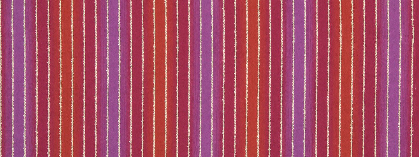 Vertical striped fabric in purple and red-orange with thin white pinstripes.