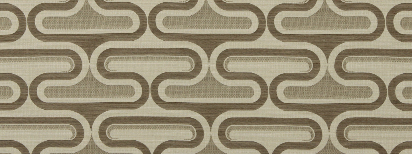 Beige and taupe mid-century geometric chain-link pattern on upholstery fabric.