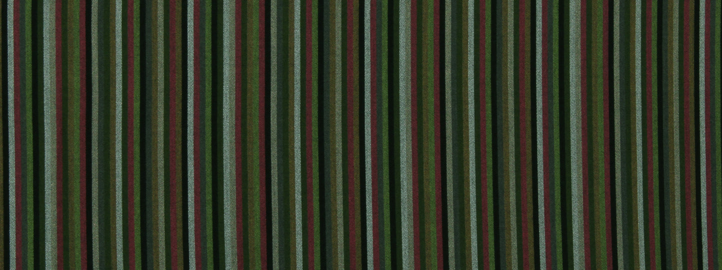 Vertical striped fabric in greens, olive, burgundy and dark tones; bold upholstery fabric pattern.