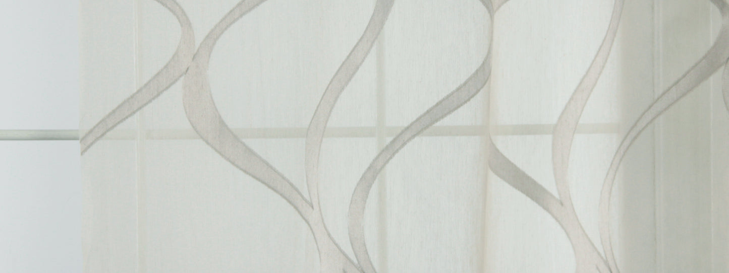 Sheer white curtain with taupe wavy vine pattern, lightweight window drapery for modern decor.