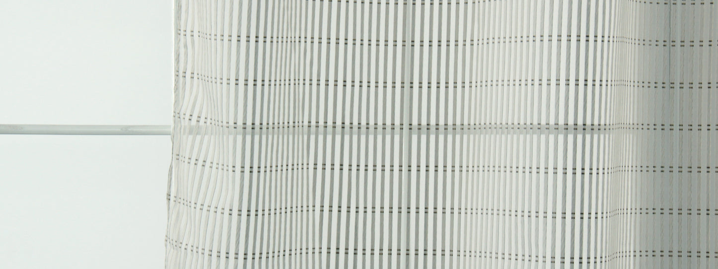 White sheer curtain with subtle grey grid stripes, lightweight window panel.