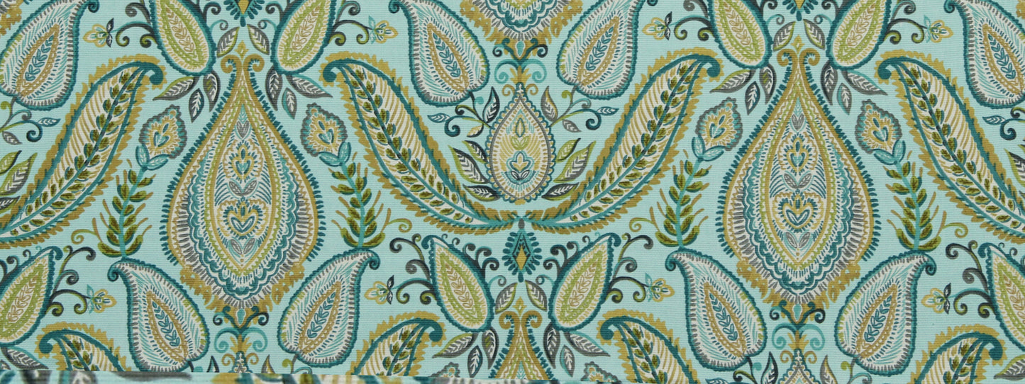 Ombre Paisley pattern fabric in teal and gold on a light turquoise background; versatile textile for upholstery or apparel.