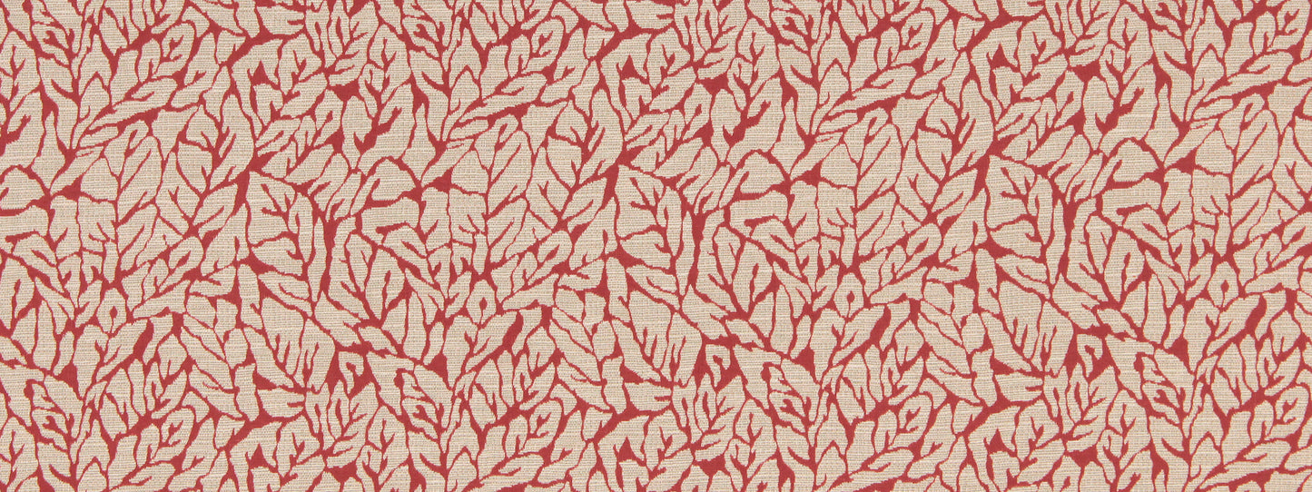 Coral banana leaf pattern on beige background; detailed upholstery fabric design.