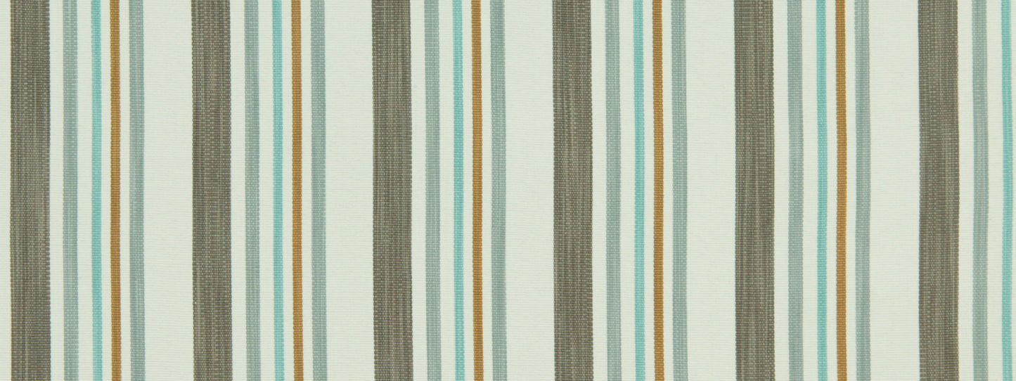 Vertical striped upholstery fabric in teal, turquoise, orange, gray and cream with a textured surface.