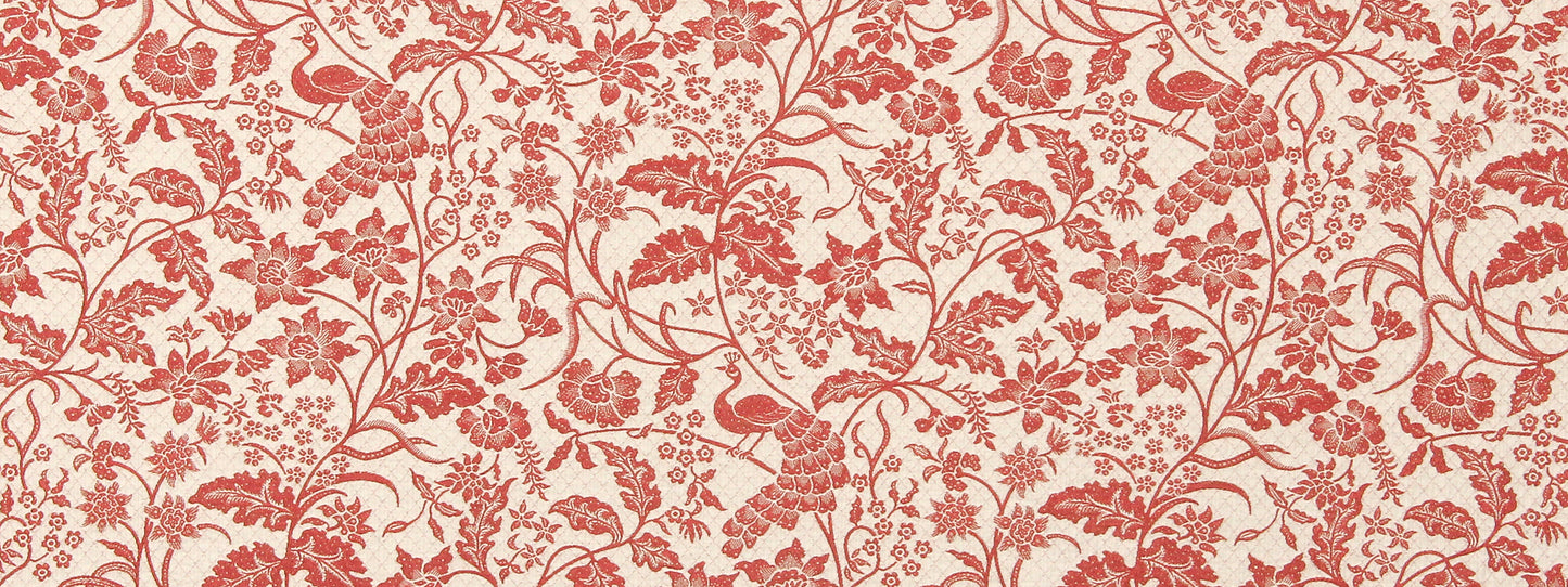 Coral damask floral pattern with vines, leaves and small birds on a cream background.