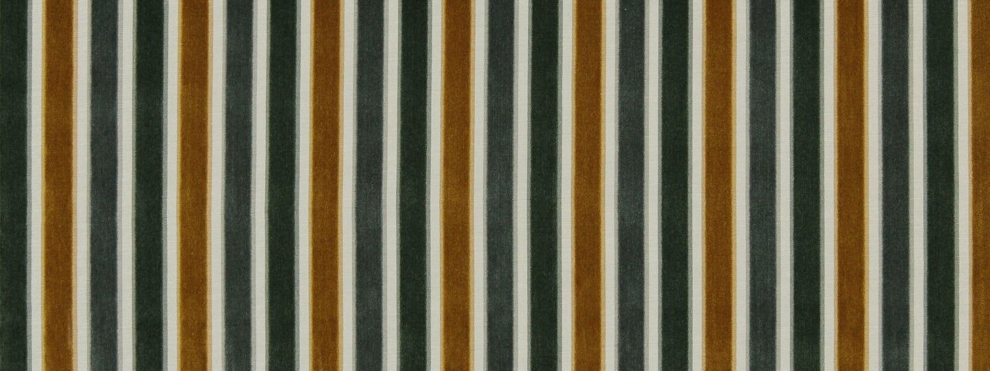 Upholstery fabric with vertical brown, white & charcoal stripes.